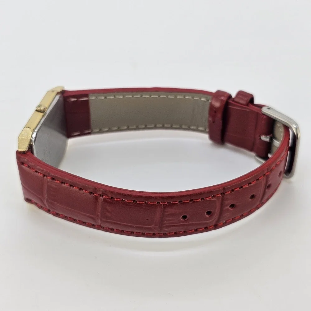 VTG Seiko Tank Women Watch 26MM Gold Dial NEW Red Leather Bands NEW Battery